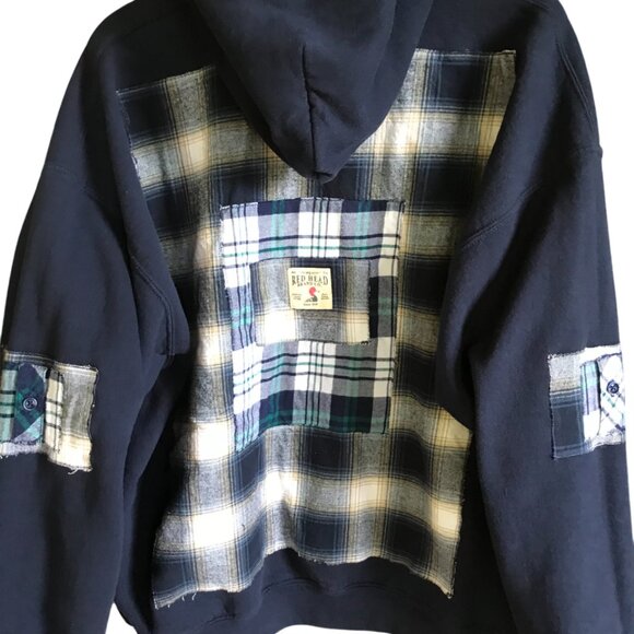 Grunge Patchwork Hoodie, XL: Upcycled Oversized Navy Sweatshirt, Campus Style - Picture 5 of 11
